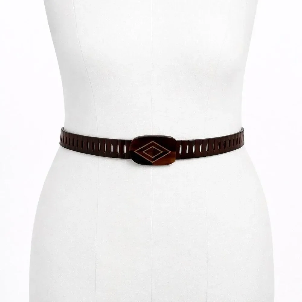 Vintage Wood Inlay Click Belt Diamond Size S-M Boho Western